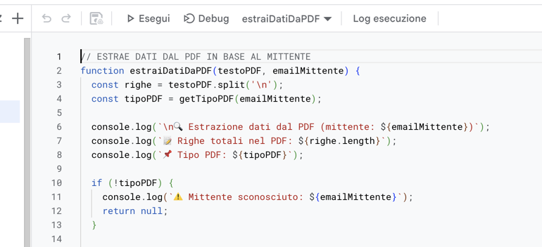 Apps Script editor showing the function that extracts data from a PDF based on the sender